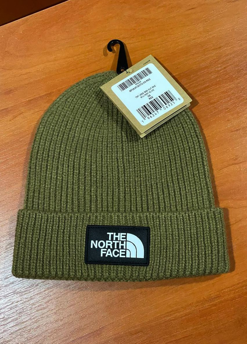 Шапка оригинал унисекс The North Face logo box cuffed beanie military olive tnf (265331207)