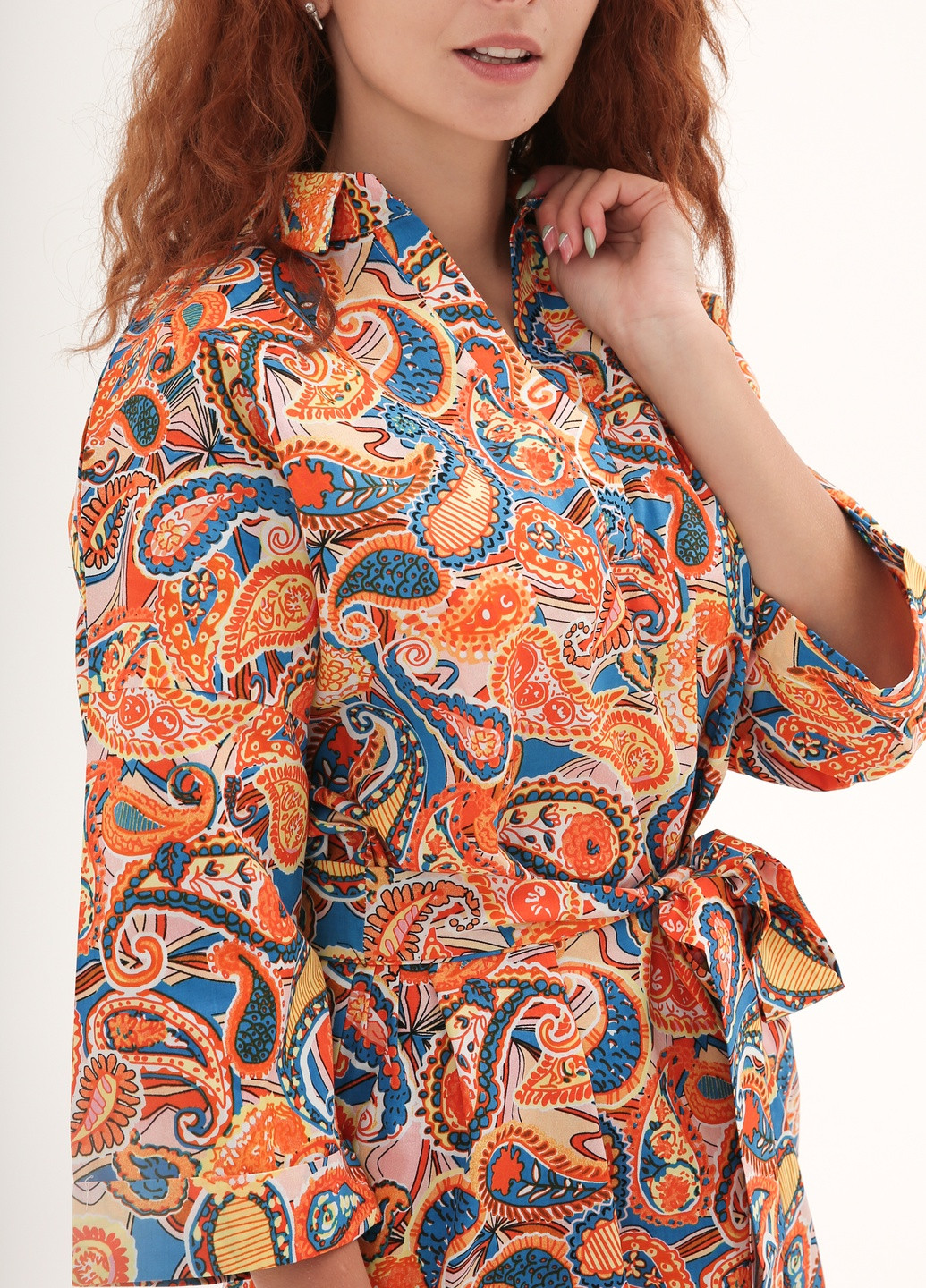 Оранжевое кэжуал -рубашка с оригинальнымпринтом и поясом рубашка INNOE турецкие огурцы