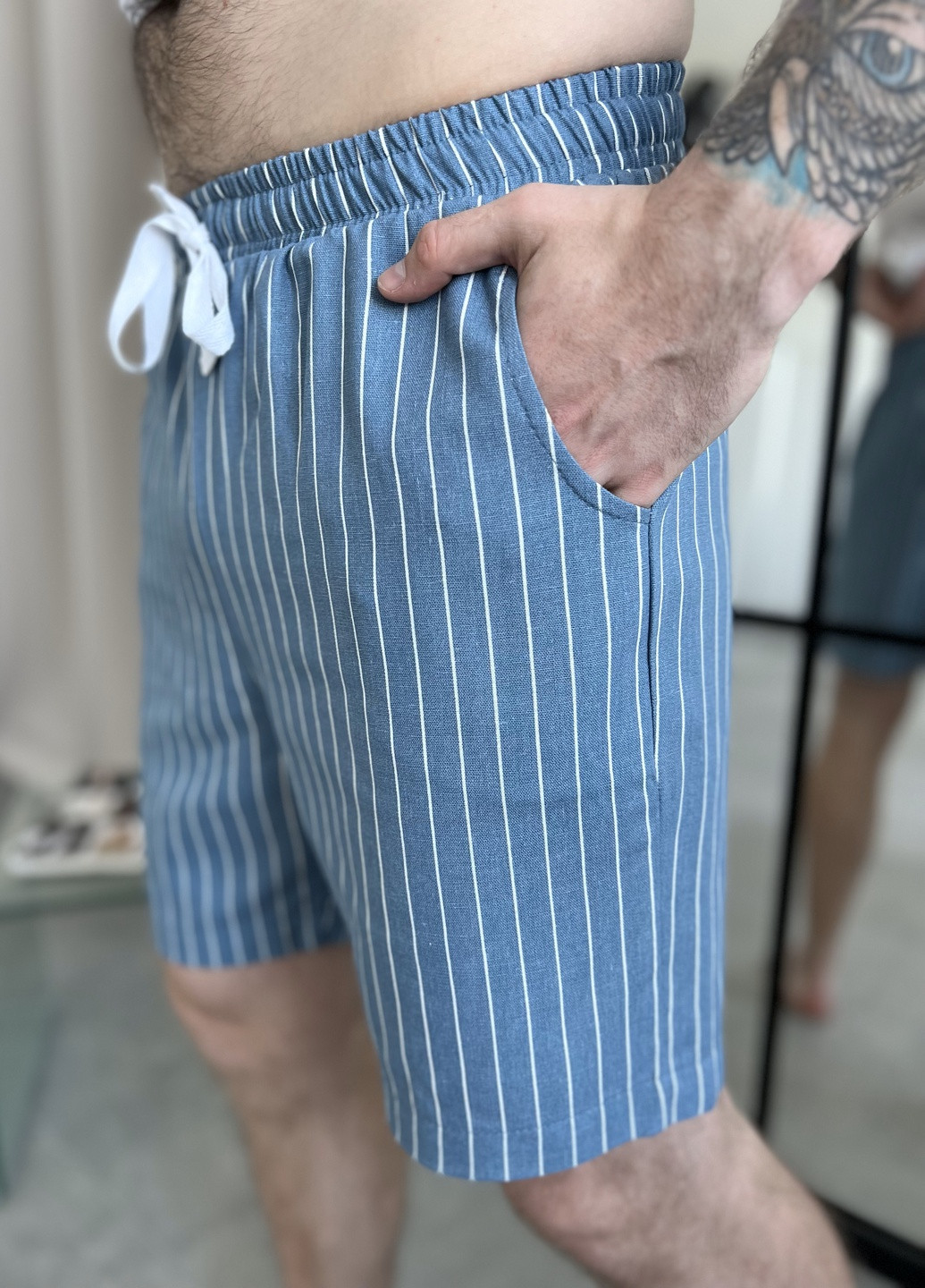 Мужские шорты серо-голубые в белую полоску, лен. Cosy (259967197)