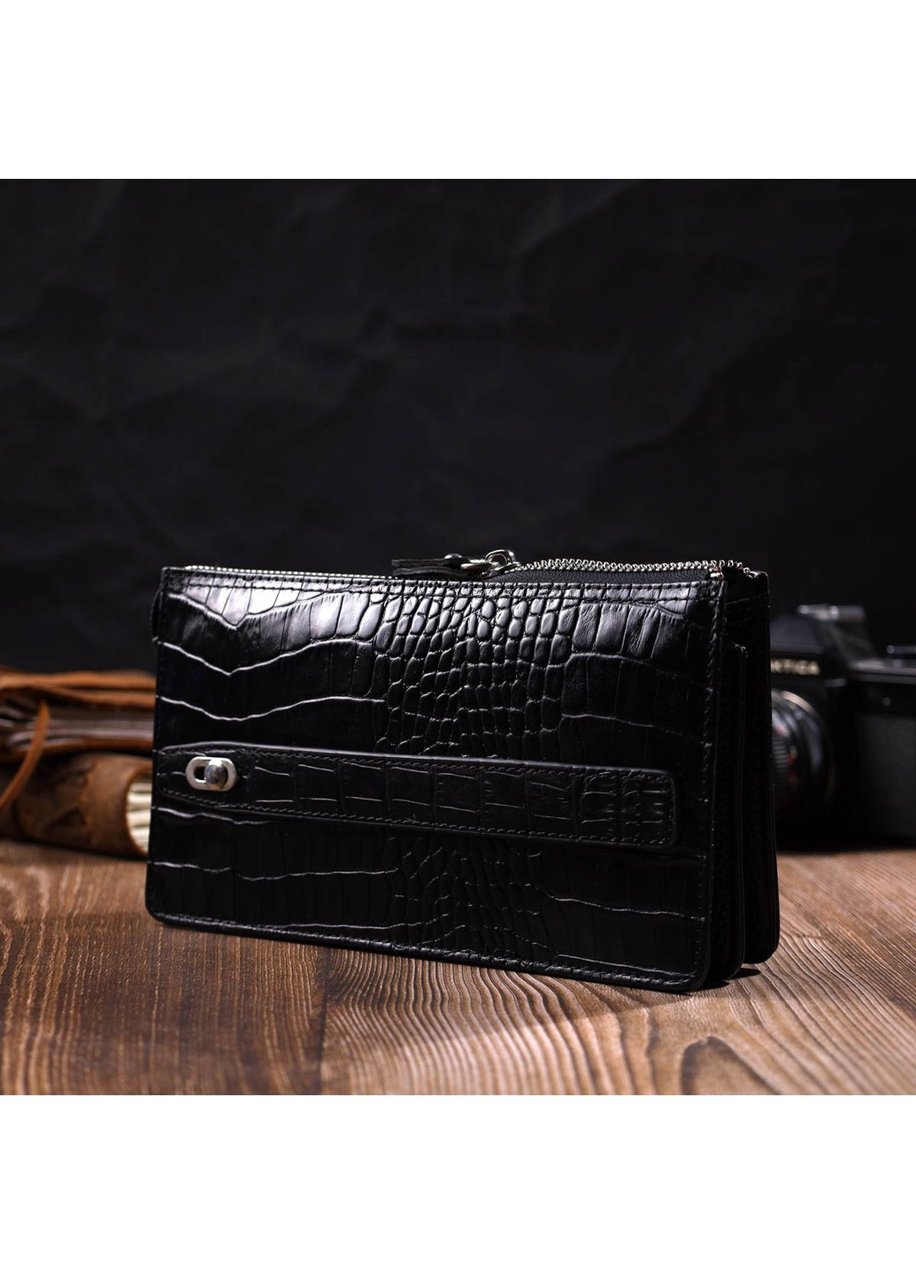 Клатч чоловічий на два відділення з натуральної шкіри з тисненням під крокодила 22044 Чорний Bond (262157994)