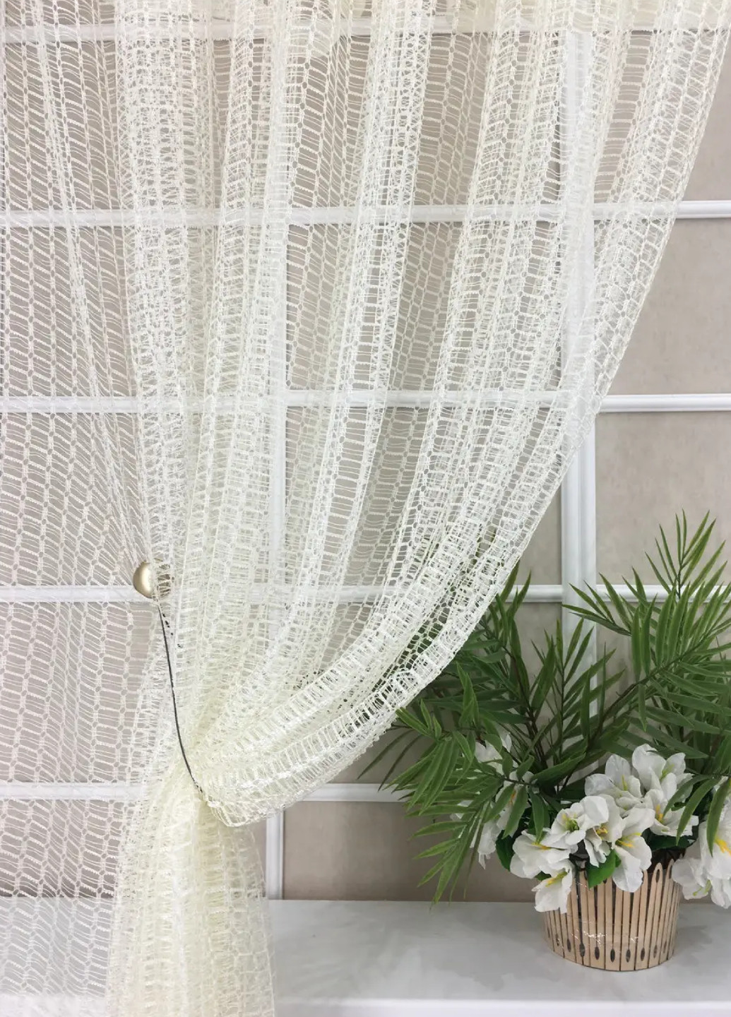 Тюль готовый пошитый молочный однотонный, сетка на тесьме, ширина 300 см, высота 210 см No Brand (260477796)