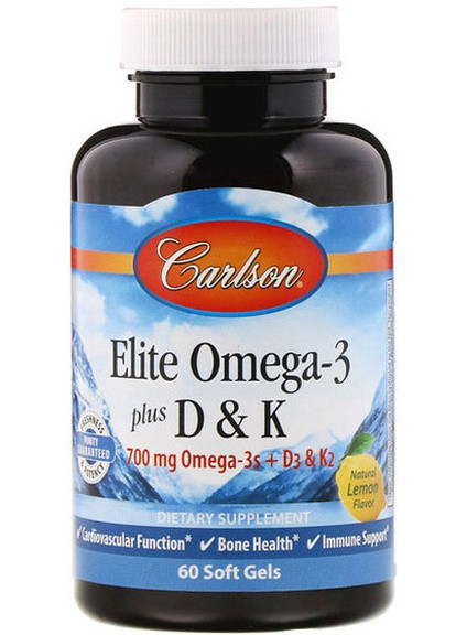 Elite Omega-3 Plus D & K 60 Soft Gels Natural Lemon Flavor CAR-17510 Carlson Labs (257079413)