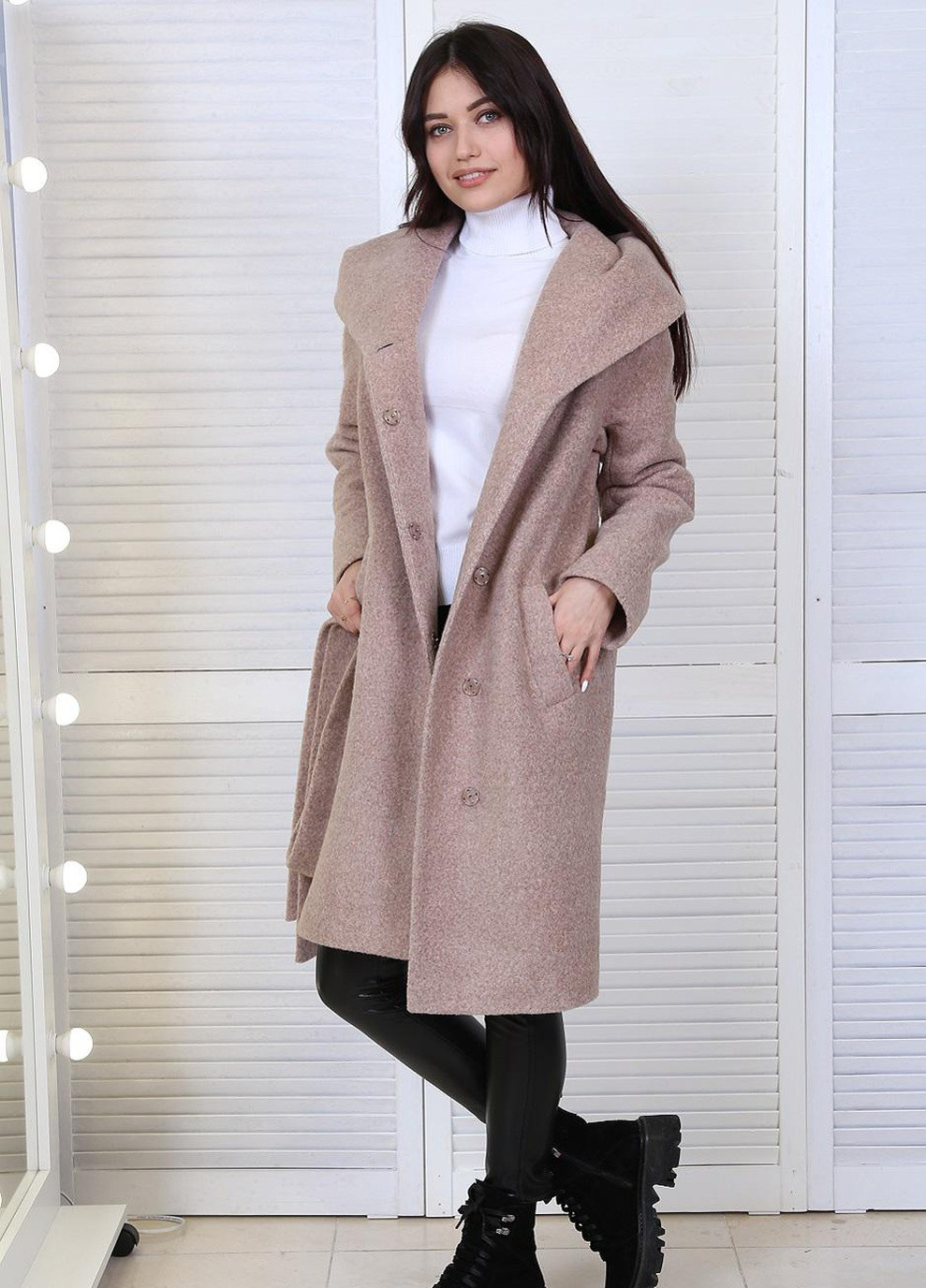 Бежеве демісезонне Пальто вільного крою жіноча 056 однотонний кашемір баранчик бежева Актуаль