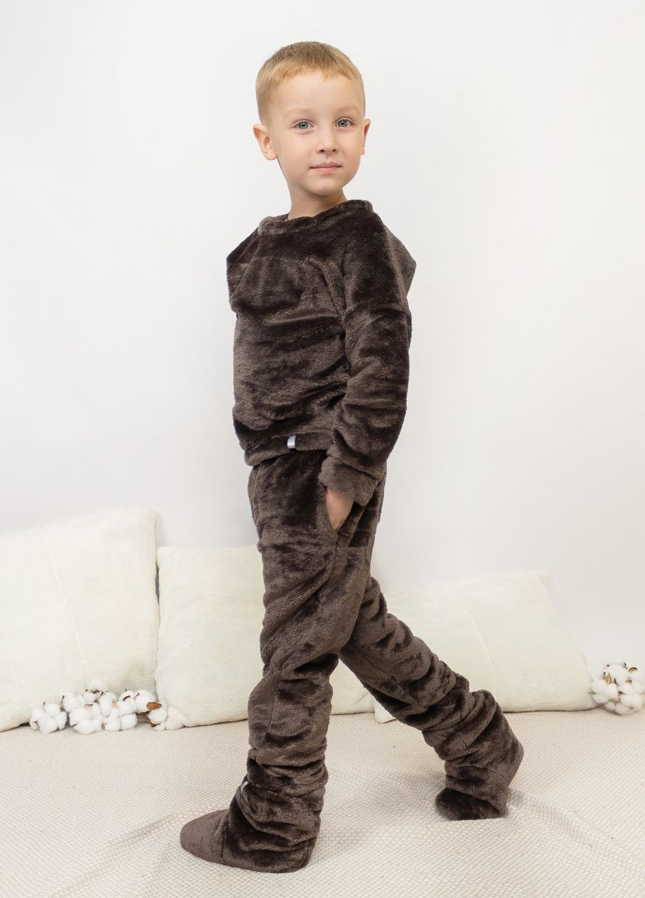 Темно-коричневая пижама детская домашняя махровая кофта со штанами шоколадный Maybel
