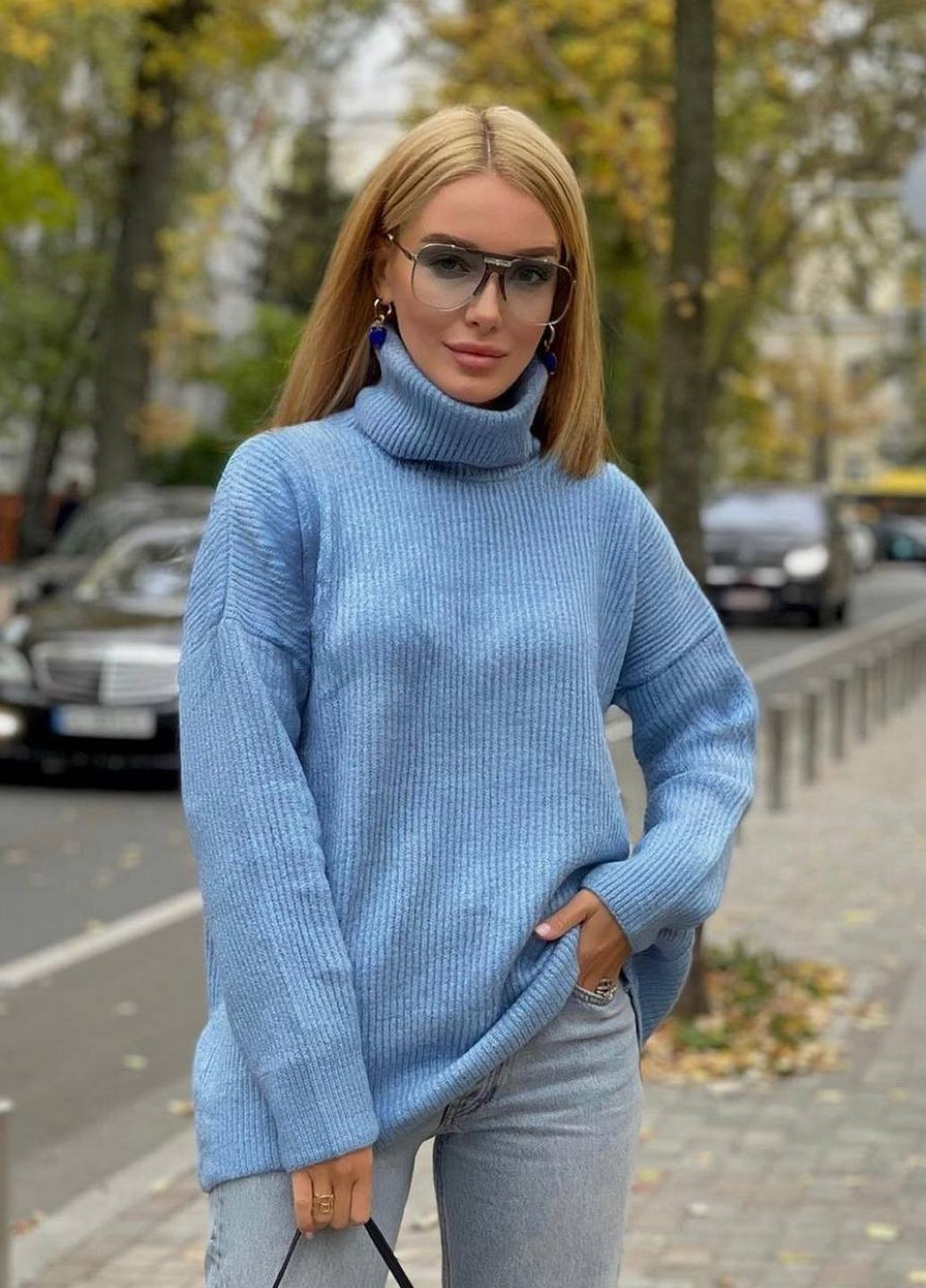 Блакитний зимовий базовий теплий жіночий светр під горло з турецької в'язки, якісний блакитний светр No Brand р-1557-0101 2