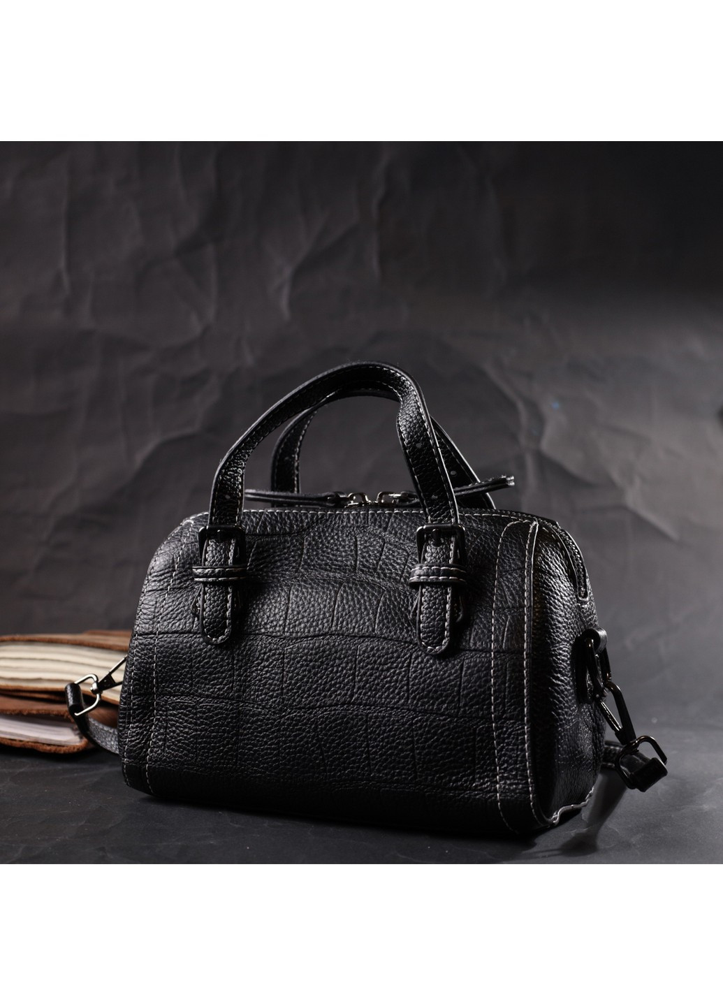 Мініатюрна жіноча сумка з двома ручками з натуральної шкіри 22358 Чорна Vintage (276457488)