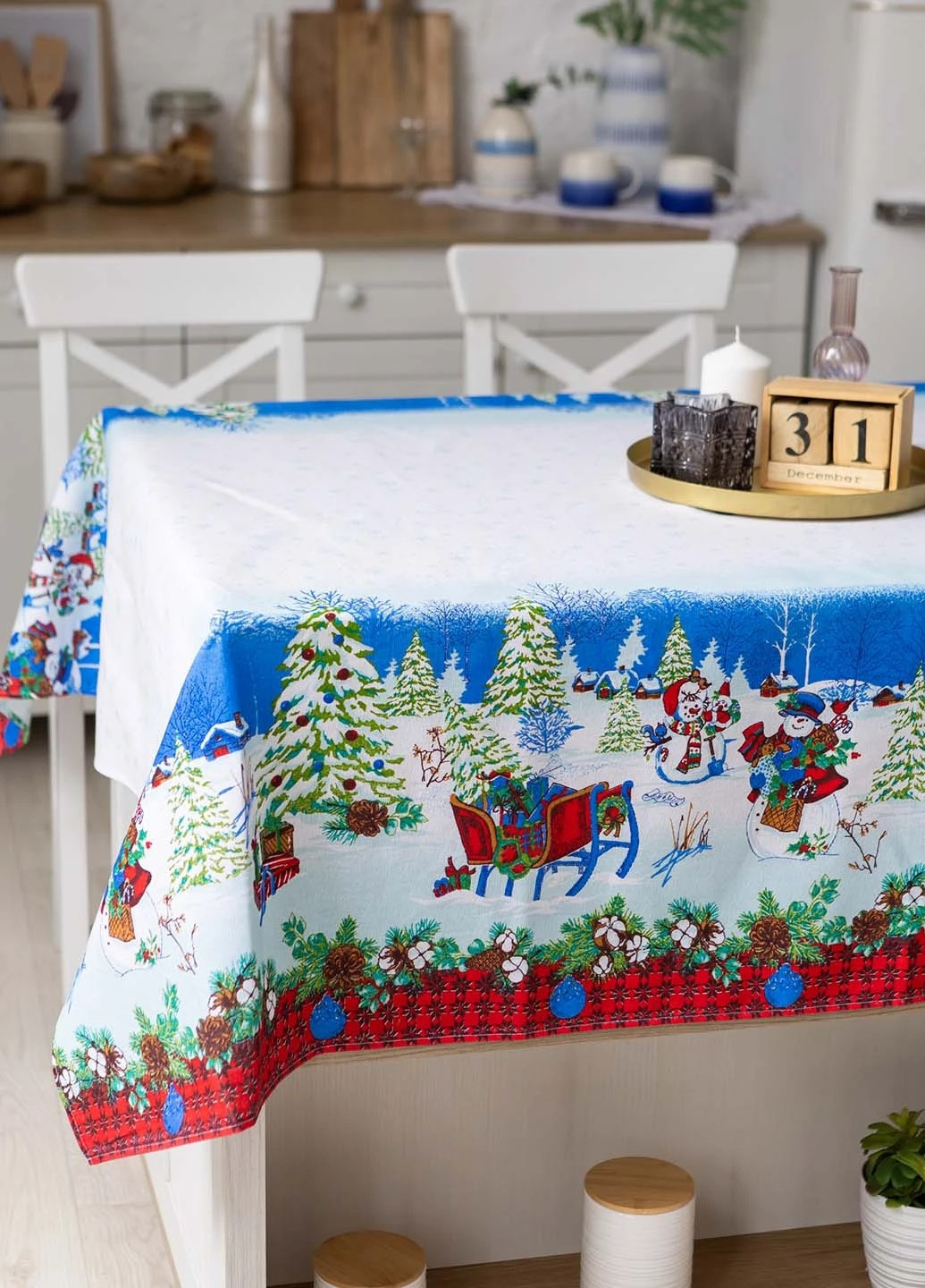 Новогодняя праздничная льняная хлопковая скатерть накидка на обеденный стол с узором 150х180 см (475717-Prob) Метель Unbranded (270363668)