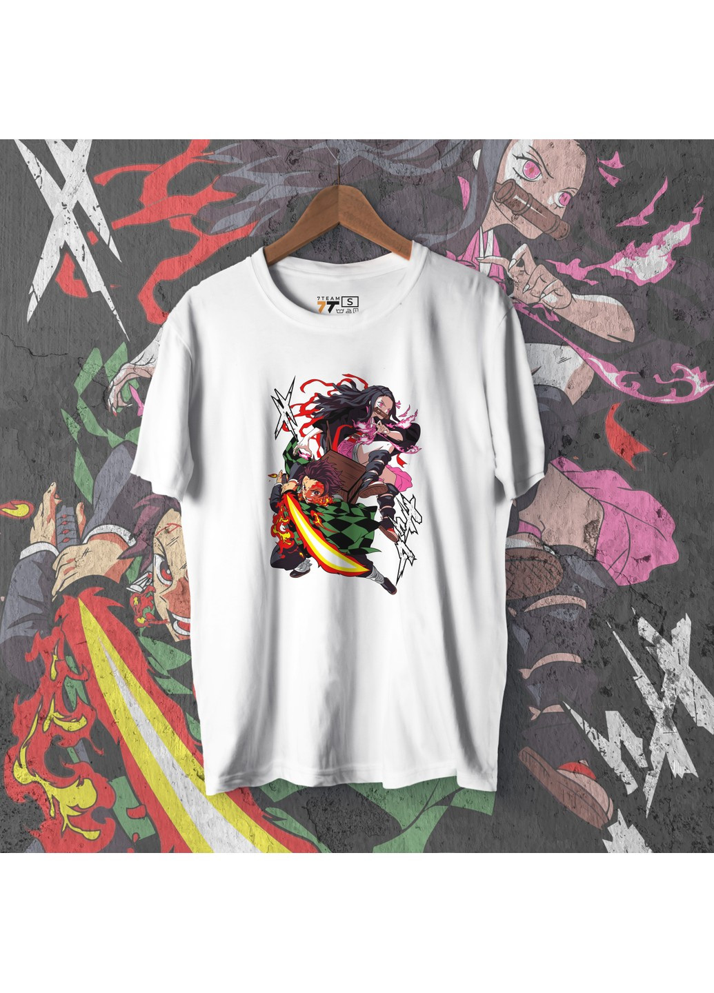 Белая футболка c принтом клинок рассекающий демонов - танджиро и незуко 2 we No Brand