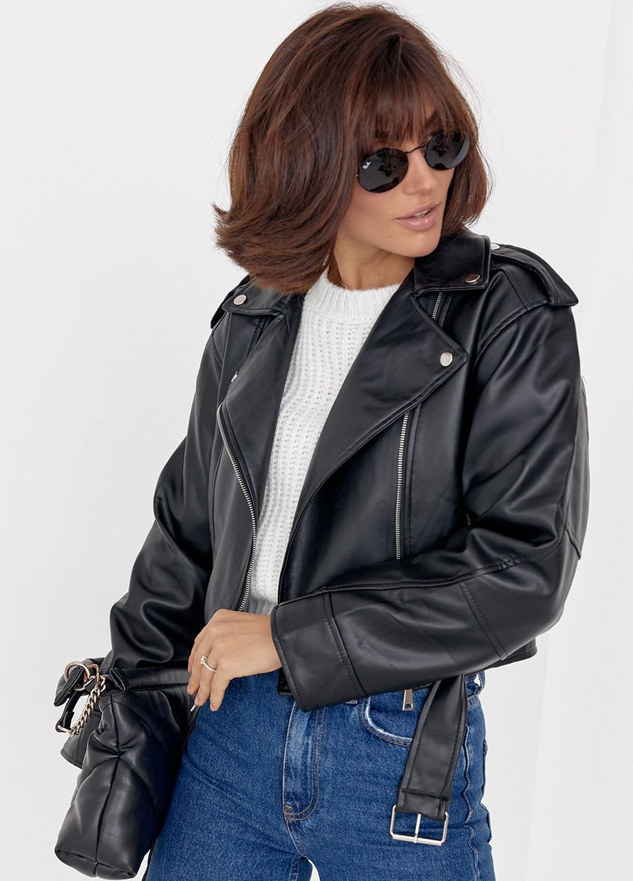 Чорна демісезонна жіноча куртка-косуха зі шкірозамінника - чорний Lurex