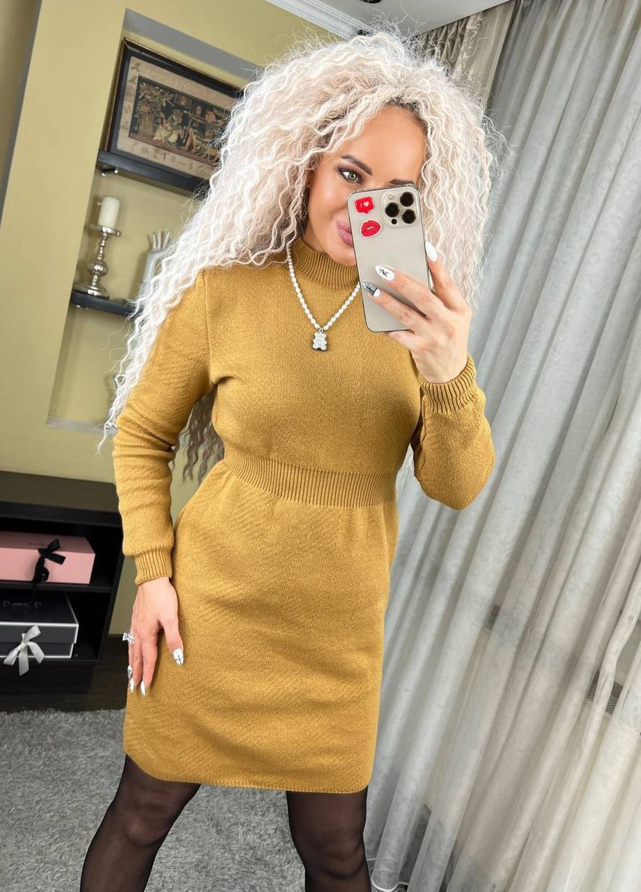 Горчичное повседневный вязаное платье платье-свитер Garna однотонное