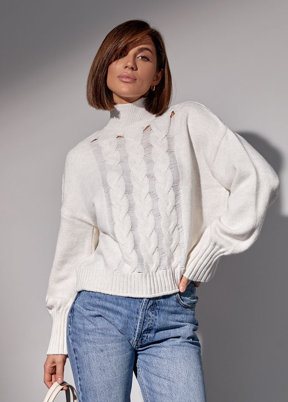 Молочний зимовий жіночий светр з косами - молочний Lurex