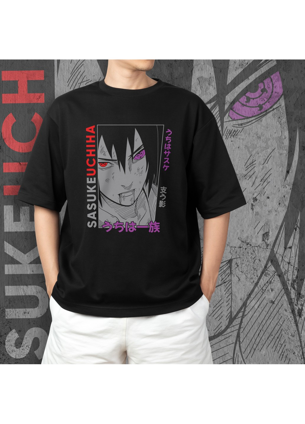 Черная футболка c принтом наруто - саске учиха 3 No Brand