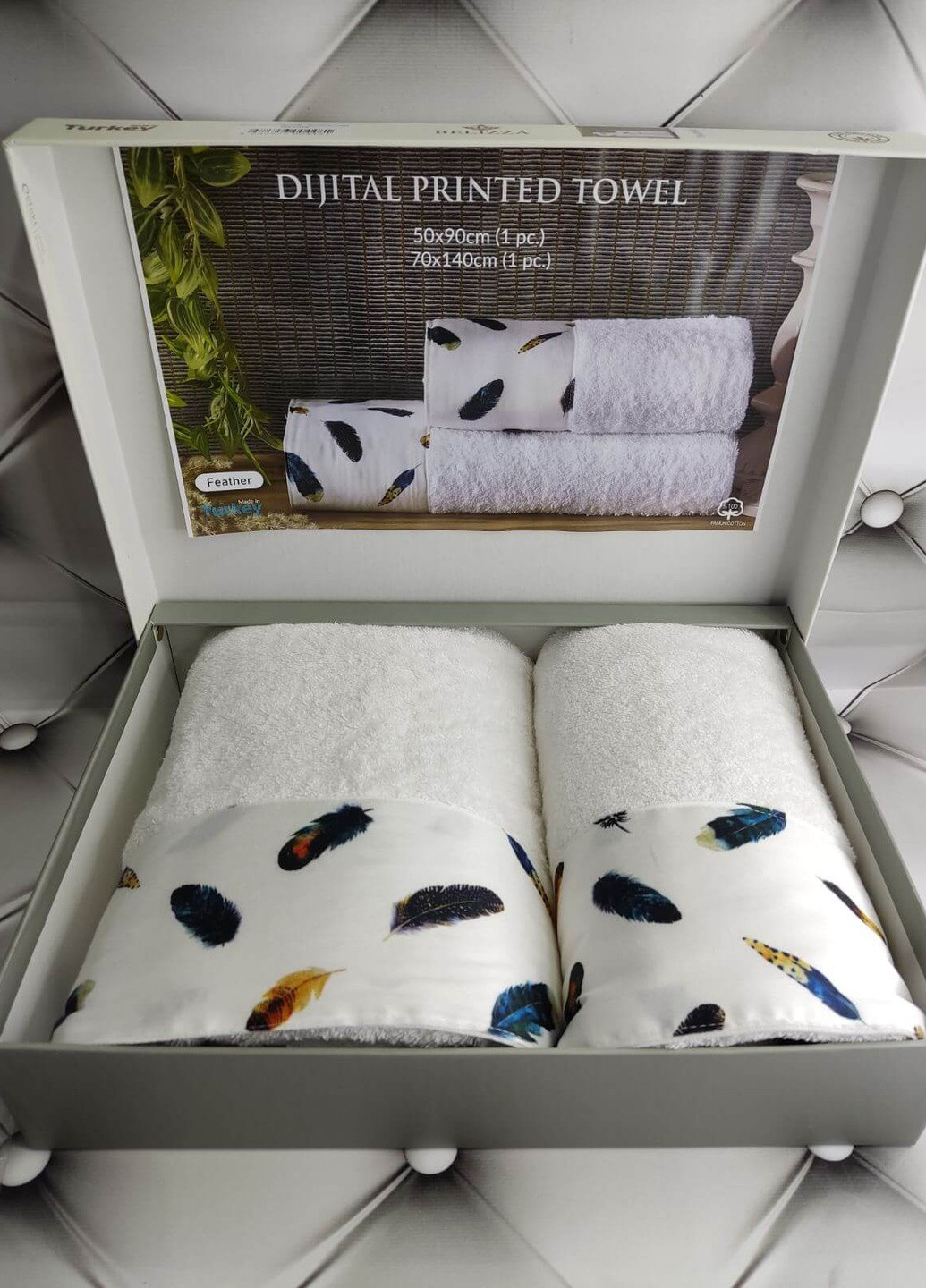 Belizza подарочный набор полотенец для ванной feather 50х90см + 70х140см орнамент белый производство - Турция