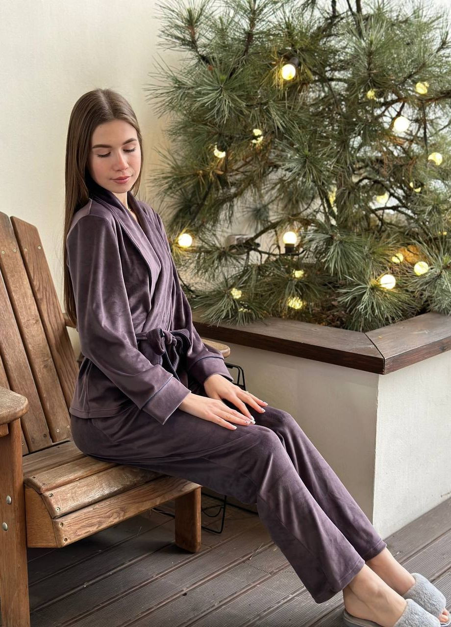 Светло-фиолетовая велюровая женская пижама штаны+ халат Simply sexy