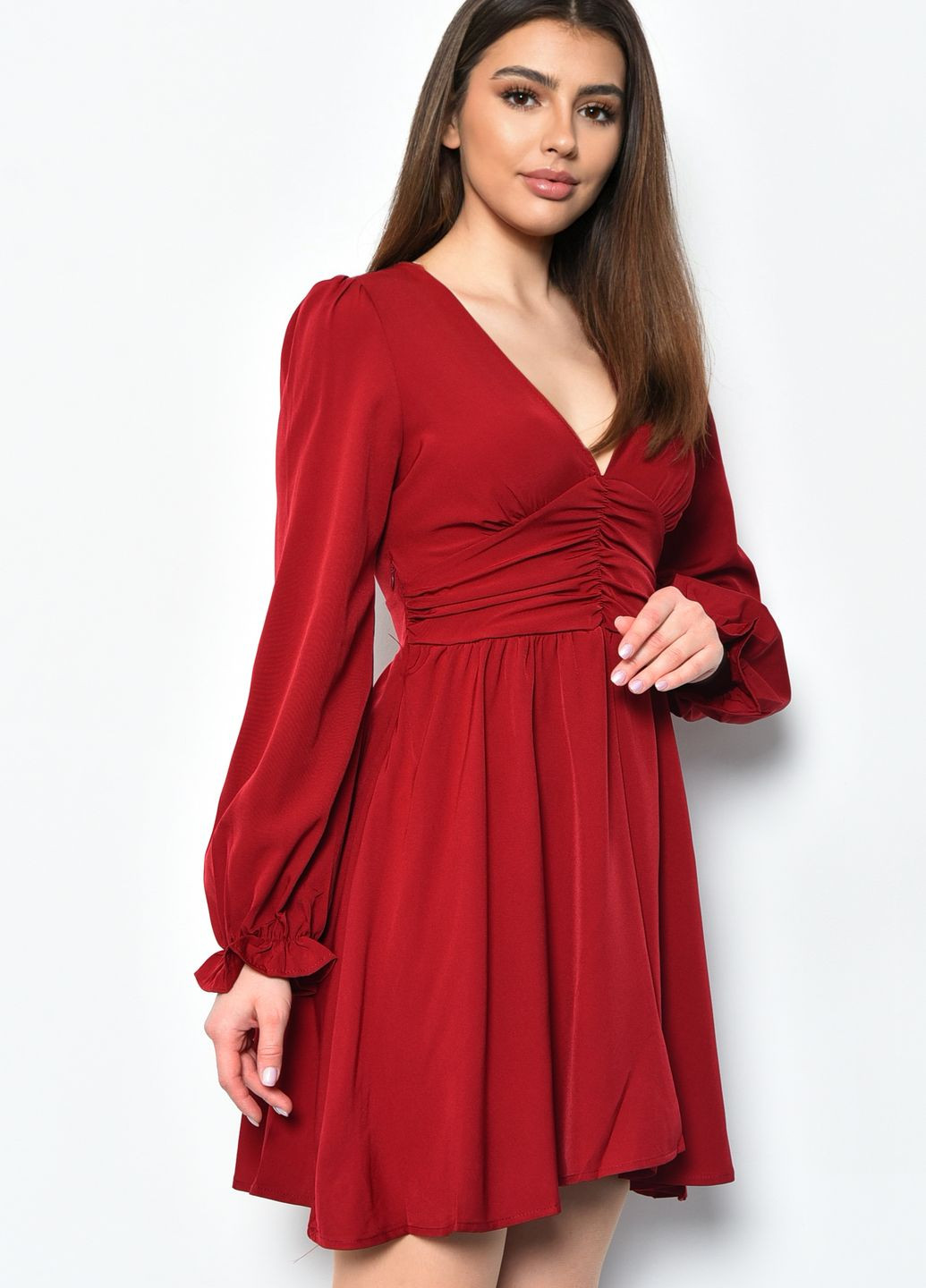 Красное кэжуал платье женское шифоновое красного цвета баллон Let's Shop однотонное
