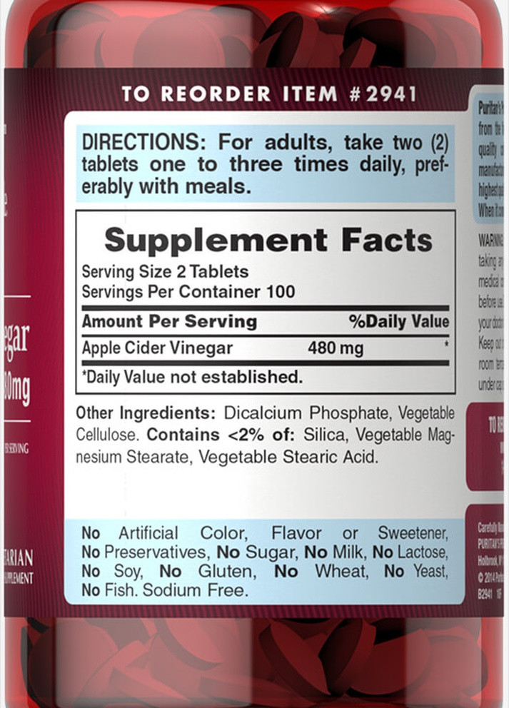 Puritan's Pride Apple Cider Vinegar 480 mg 200 Tabs Puritans Pride (258499302)