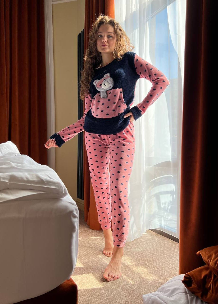 Розовая женская теплая махровая пижама кофта + брюки No Brand Піжама