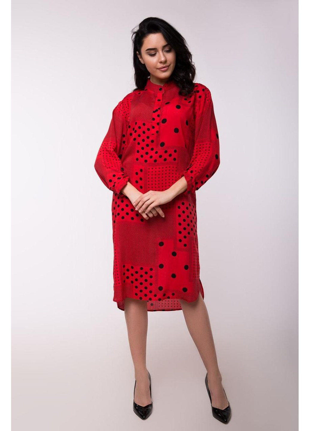 Красное повседневный платье-рубашка c2008s-6 рубашка Bon Voyage с геометрическим узором