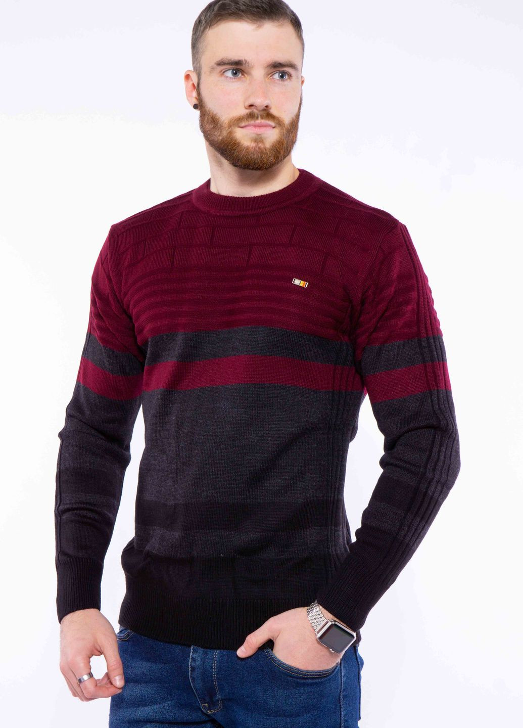 Прозрачный зимний свитер двухцветный (бордово-черный) Time of Style