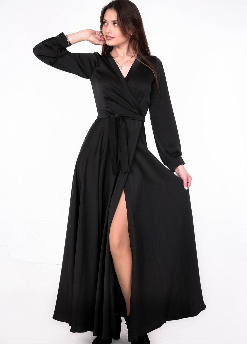 Чорна сукня ошатна жіноча 923057 однотонний атлас чорна Актуаль