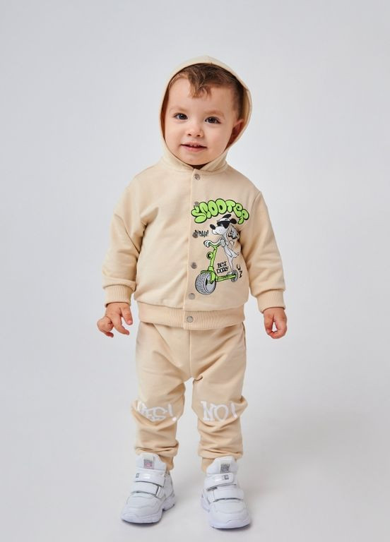 Бежевый детский костюм (кофта + штанишки)| 95% хлопок | демисезон |80, 86 | рисунок собачка на скутере бежевый Smil