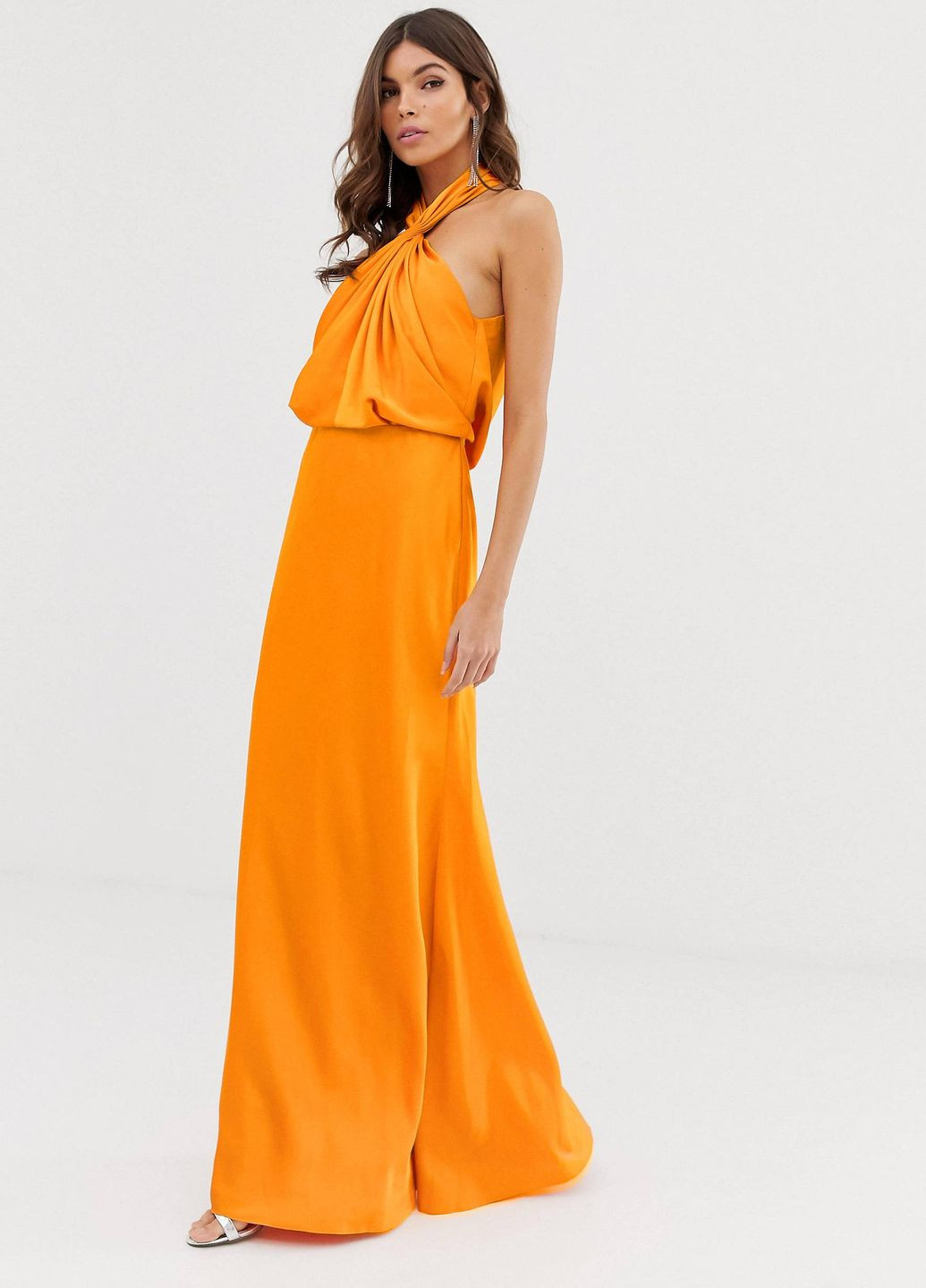 Светло-оранжевое платье макси edition со сборками и вырезом на шее Asos