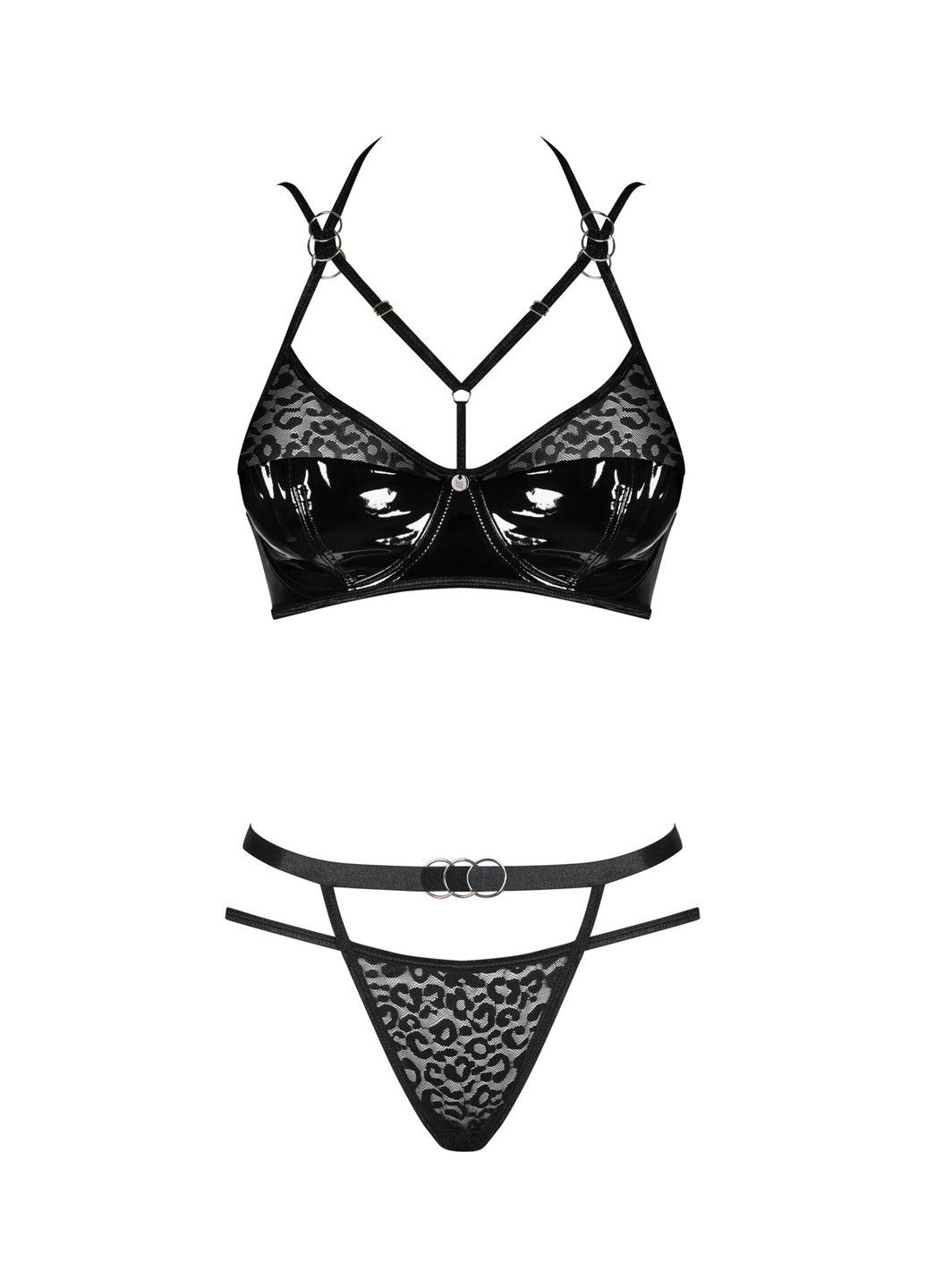 Еротичний комплект під латекс зі стрепами Bagirela 2-pcs set L/XL, чорний, під леопард, бю Obsessive (271991860)