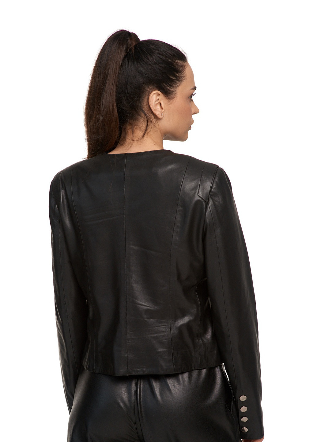 Чорна демісезонна жіноча шкіряна куртка класика комір «шанель» chanel натуральна шкіра. весна осінь демісезон fer-1413 чорна Actors