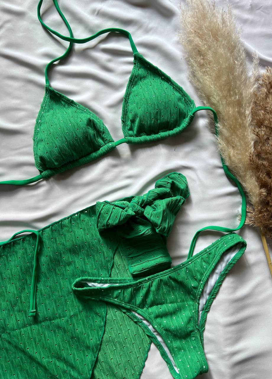 Зелений літній фактурний стильний купальник з настегновою повʼязкою спідничкою роздільний Vakko
