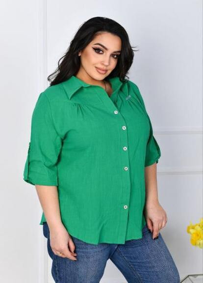 Зелёная женская льняная рубашка зеленого цвета 420858 New Trend