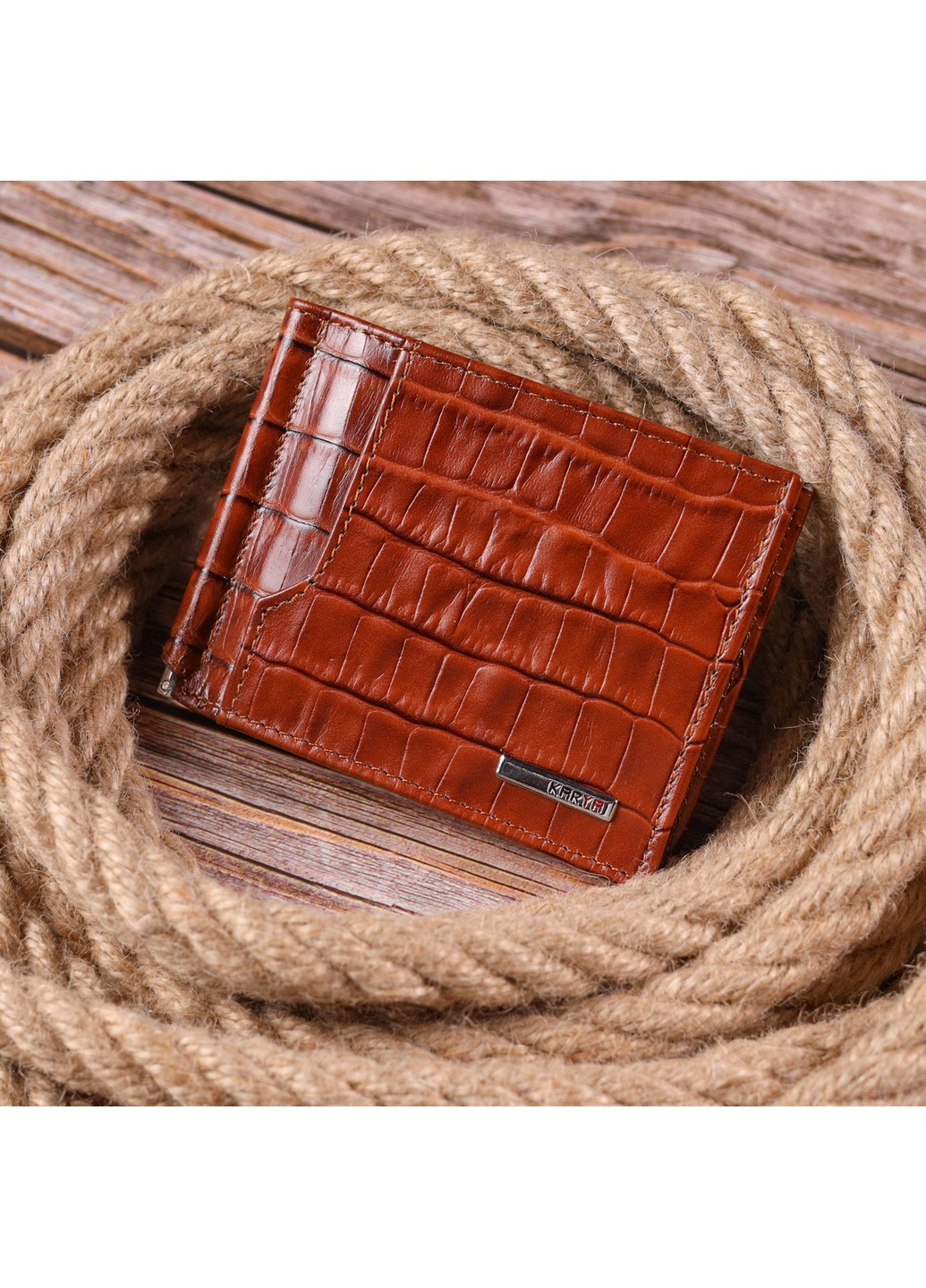 Фактурный зажим для мужчин из натуральной кожи с тиснением под крокодила 21418 Рыжий Karya (258267862)