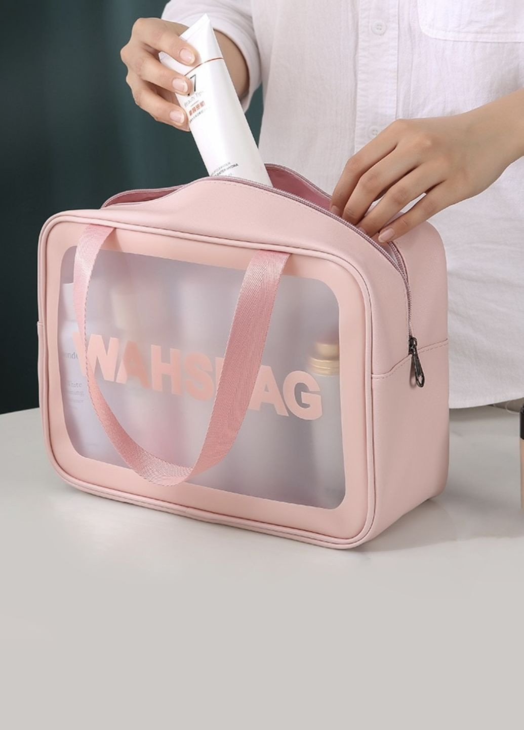 Женская косметичка WASHBAG органайзер с двумя ручками большая розовая No Brand (266897485)