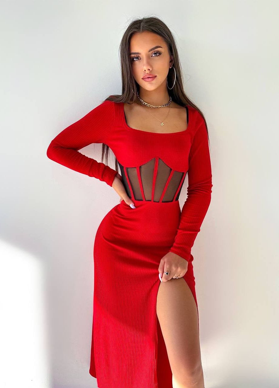 Красное невероятное приталенное платье с элементами корсета и разрезом на ножке, стильное вечернее платье из ткани мустанг рубчик No Brand