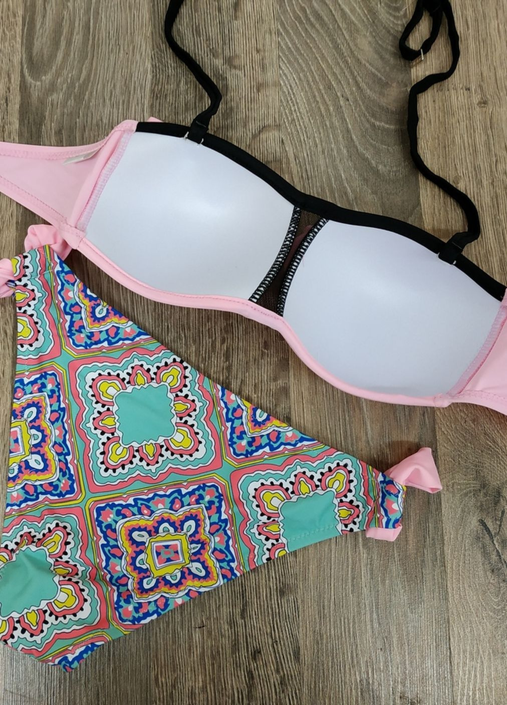 Розовый летний купальник лиф с оборками плавки с цветами женский раздельный стильный красивый раздельный No Brand 6390