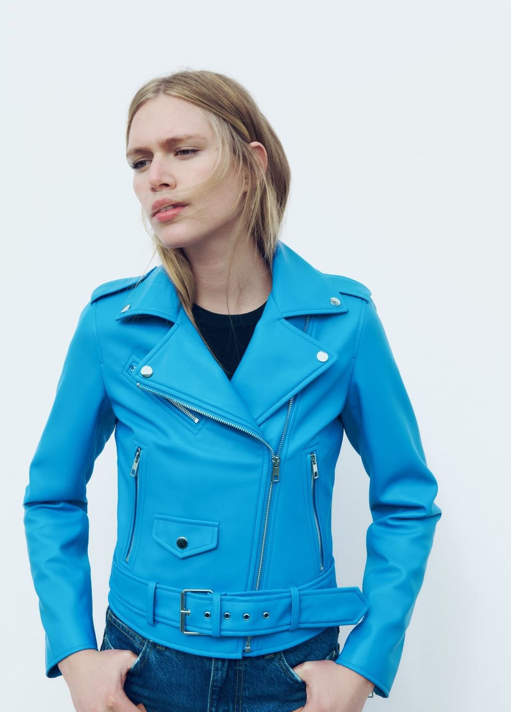 Голубая демисезонная куртка из искусственной кожи косуха Zara