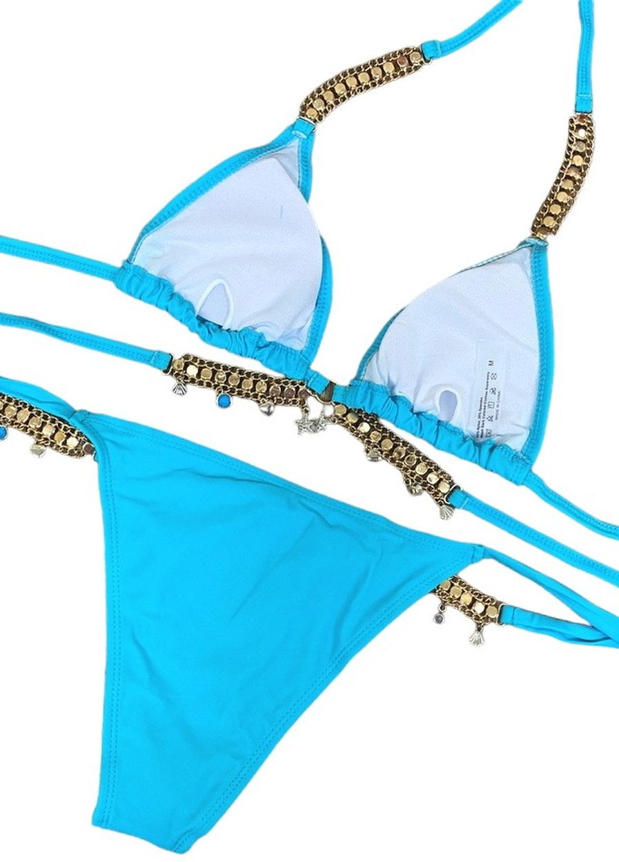 Голубой летний купальник раздельный голубой со стразами на завязках раздельный No Brand
