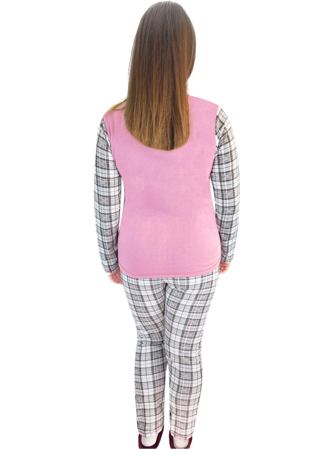 Пудровая всесезон пижама начесная клетка с накатом сова кофта + брюки Жемчужина стилей 1431