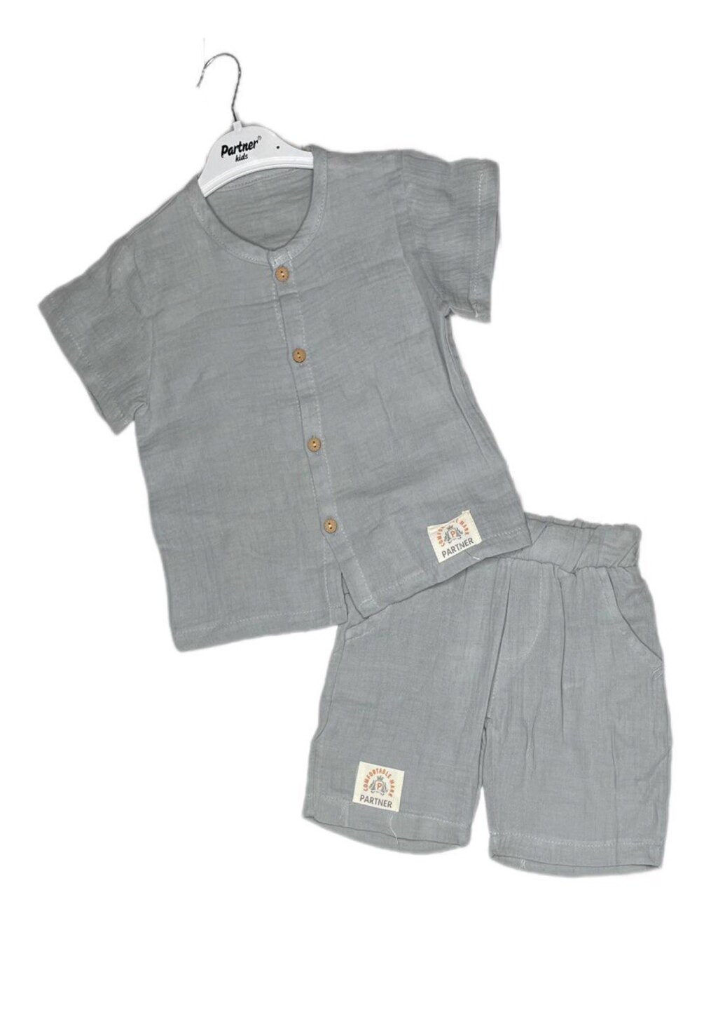 Серый летний комплект рубашка и шорты для мальчика в сером цвете муслин Partner