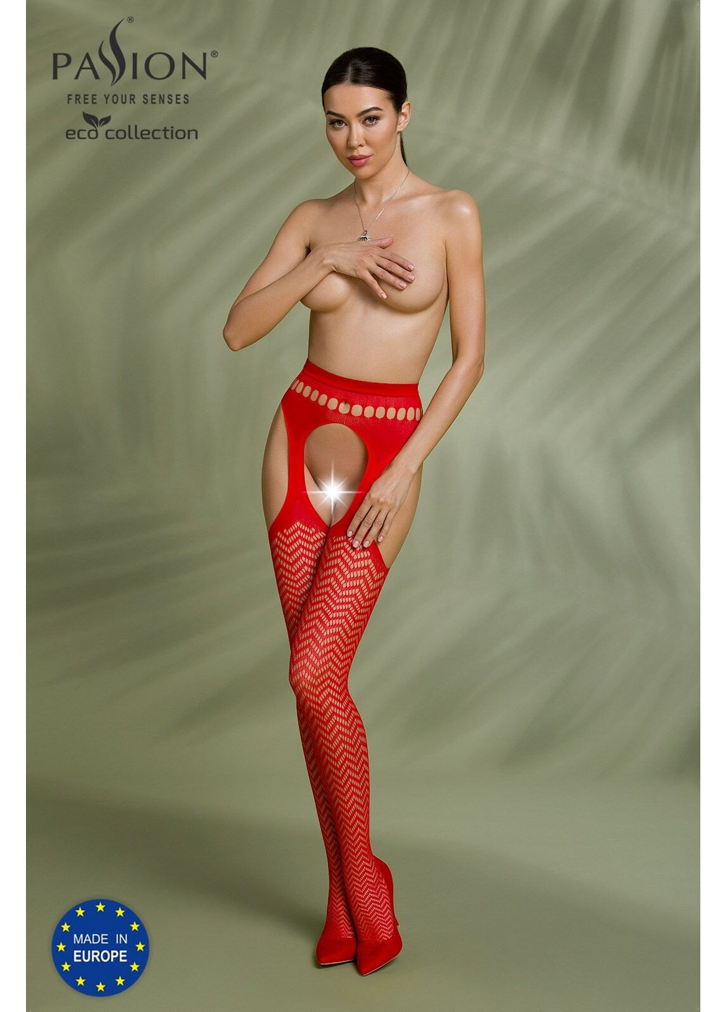 Эротические колготки-бодистокинг ECO S002 red, с доступом, геометрическое плетение Passion (269007060)