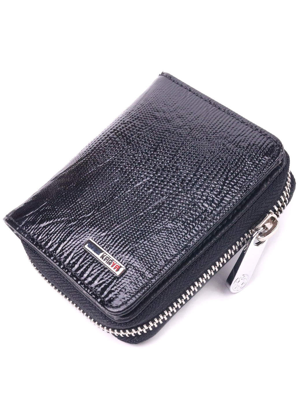 Лакований гаманець для жінок з монетницею на блискавці з натуральної шкіри фактурної 21411 Чорний Karya (258267782)