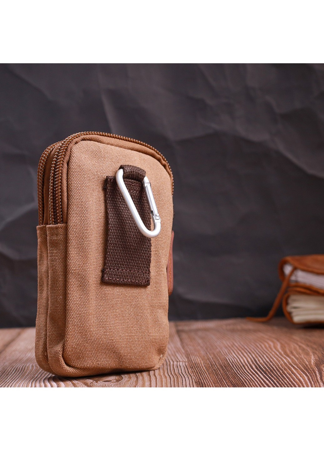 Добротная сумка-чехол на пояс с металлическим карабином из текстиля 22225 Коричневый Vintage (267932161)