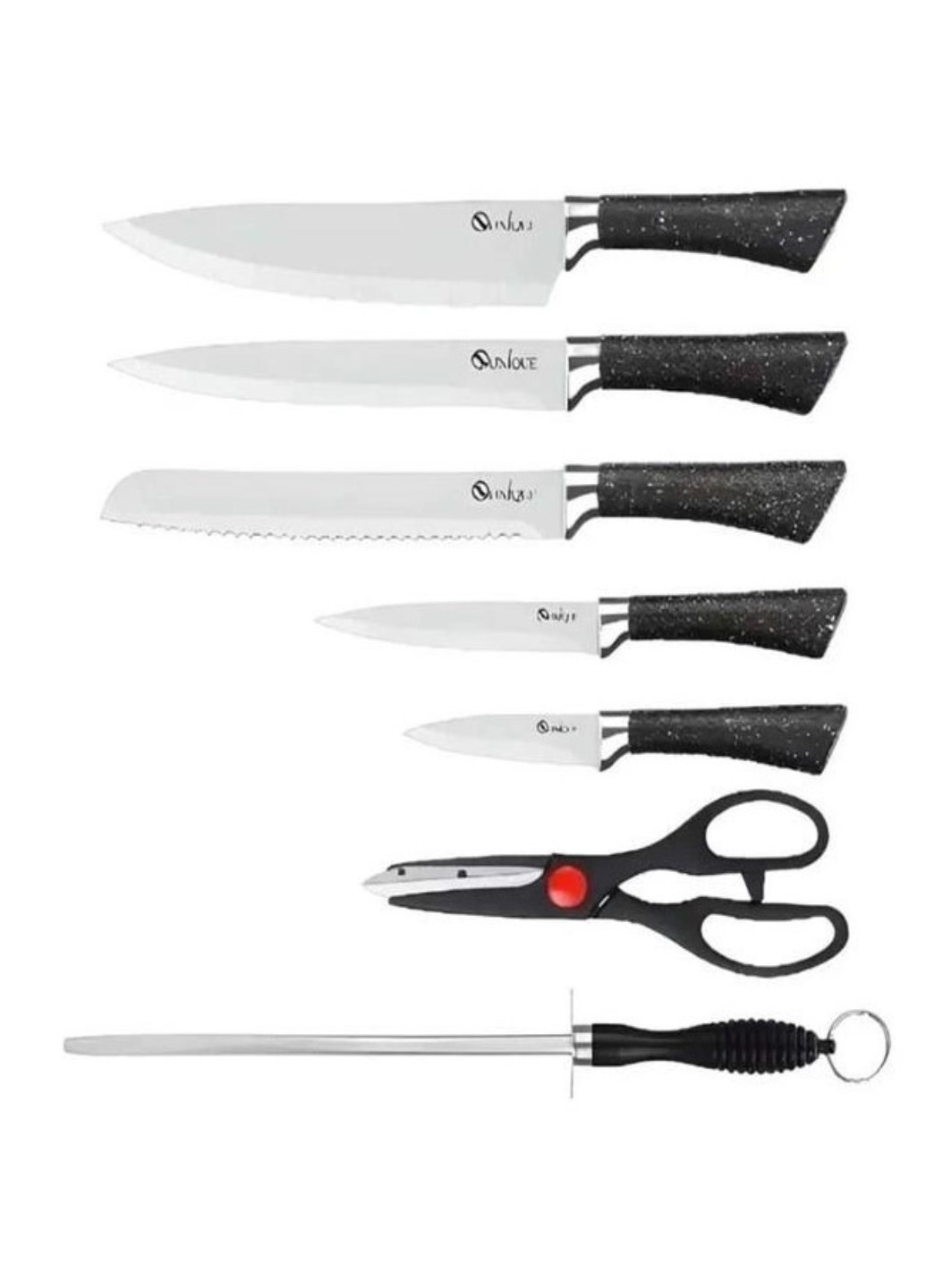 Набір кухонних ножів з підставкою та точилкою 7 в 1 UN 1837 Unique чорний, нержавіюча сталь