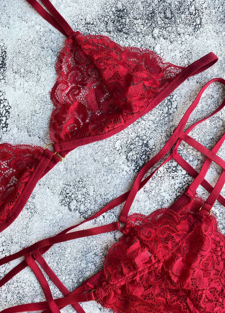 Червоний жіночий комплект сексуальної нижньої білизни з підв'язками SieLei
