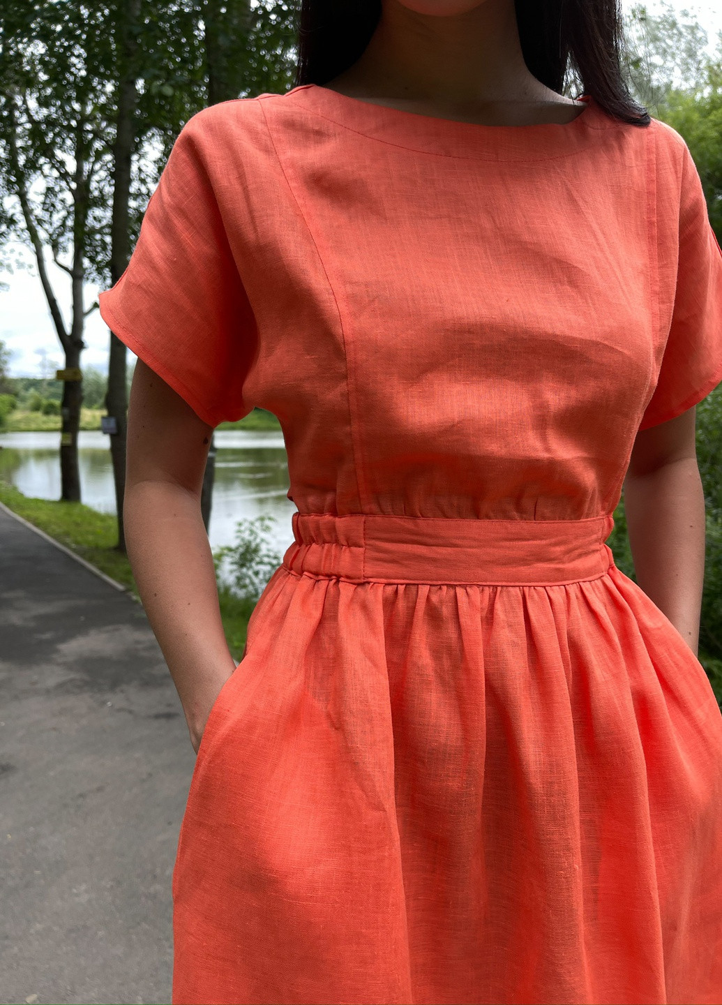 Оранжевое кэжуал платье миди клеш, с юбкой-солнце, колокол BeART однотонное