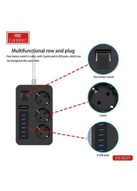 Мережевий подовжувач Earldom (6 USB-портів, 1 Type-C, 3.1A, кабель 2 м, європейська вилка, з вимикачем) - Чорний. China es-sc07 (276255632)