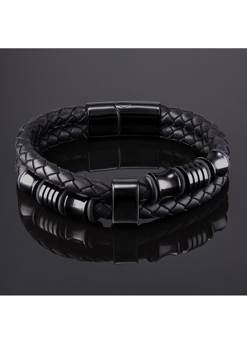 Мужской кожаный браслет LUX-качества из плетеной кожи и стальными вставками цвета Черный LORAN-HM (257763026)