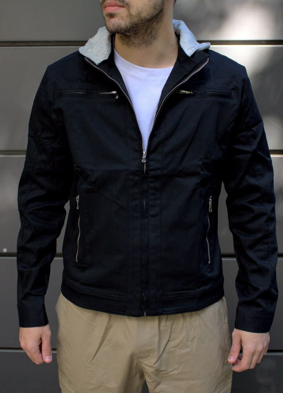 Черная демисезонная стильная котоновая куртка со съемным капюшоном Vakko
