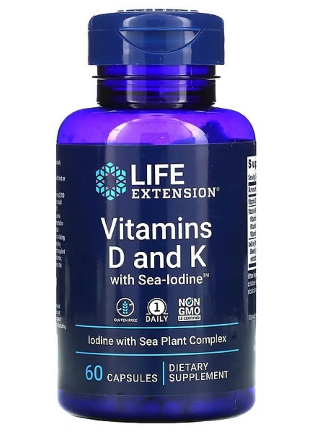 Вітамін D і K з йодом Vitamins D and K with Sea-Iodine 60 капсул Life Extension (263513056)