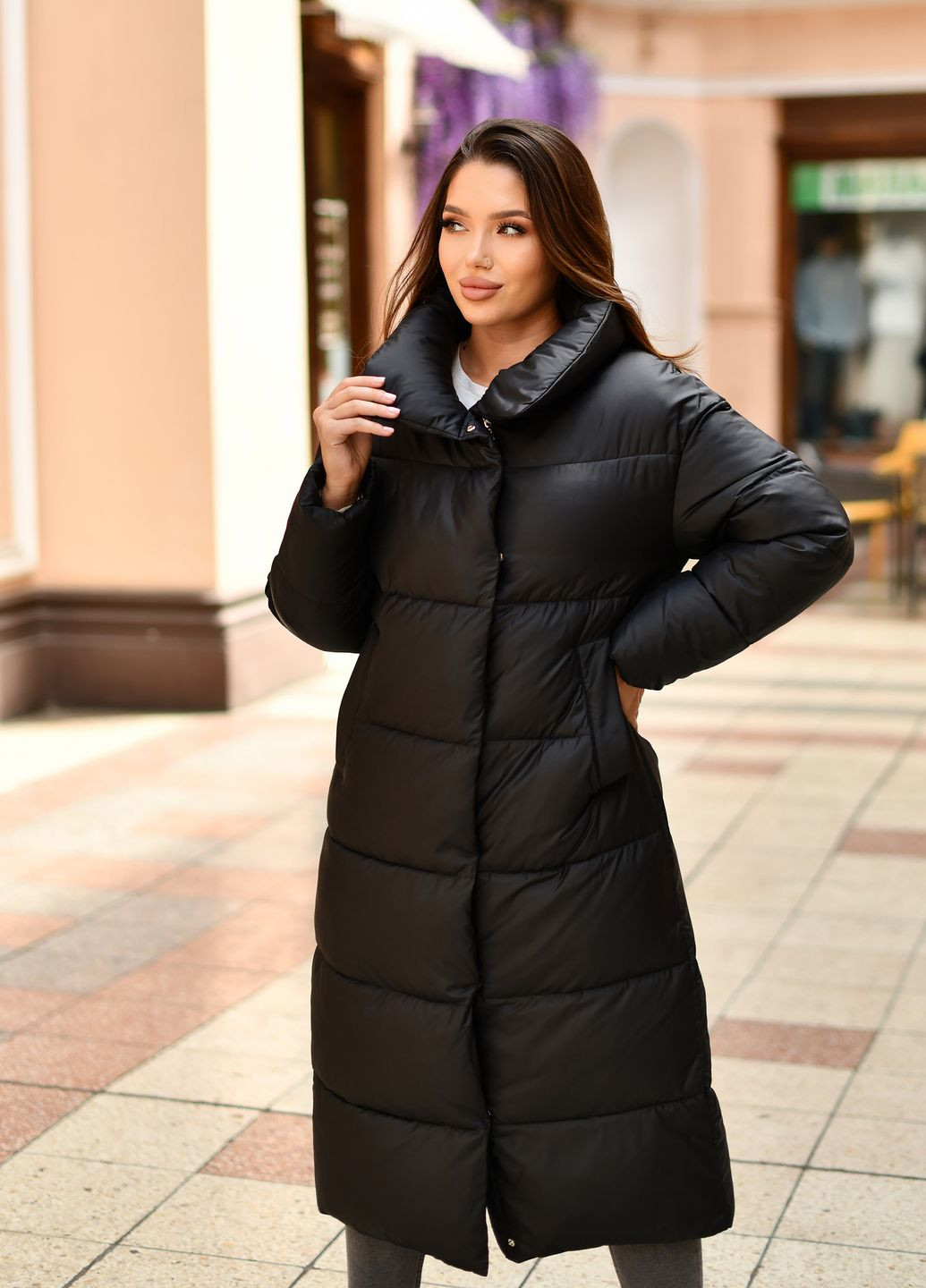 Чорне зимнє Довге жіноче пальто чорне з сірим 89942 трансформер Svidni