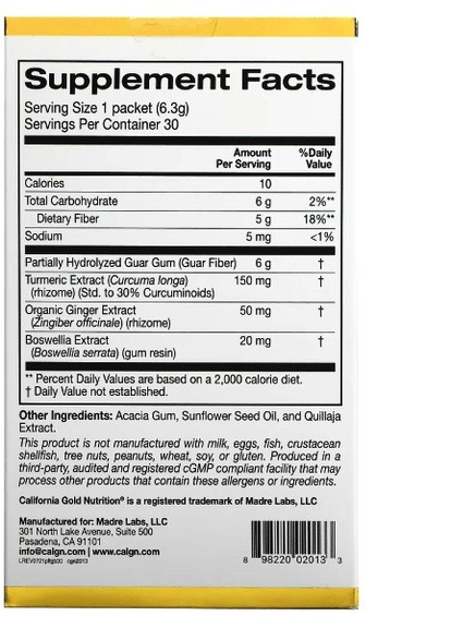 Prebiotic Fiber Plus Turmeric Ginger & Boswellia 6,3 g x 3 packs California Gold Nutrition (258596704)